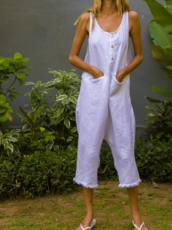 Women's Casual Washed Linen Pocket Jumpsuit